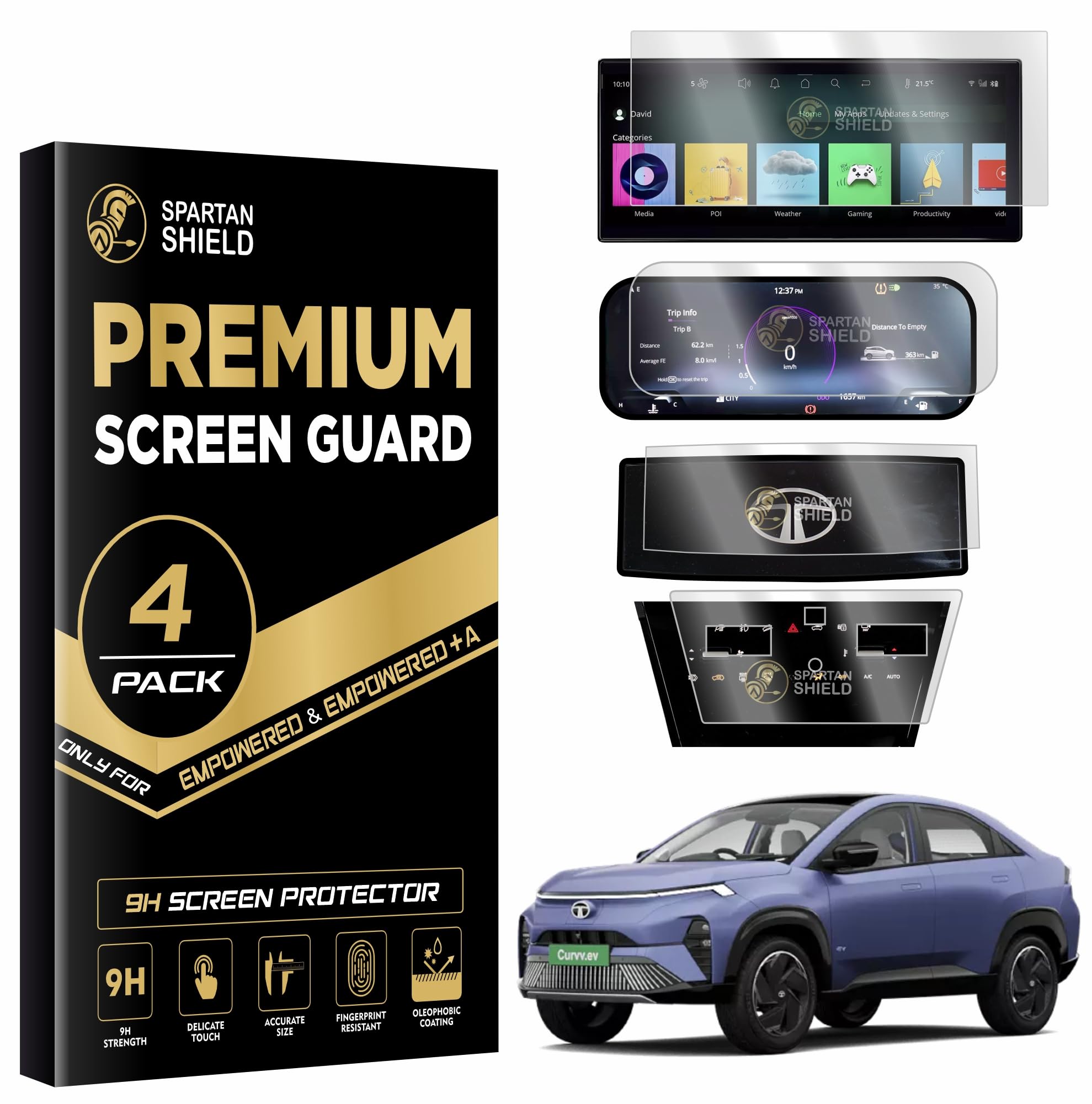 {4 PACK) Screen Guard For TATA CURVV EV 2024 || 12.3 INCH INFOTAINMENT + INSTRUMENT CLUSTER + STEERING + AC Protector || Curvv.EV Car Digital Display Accessories [Not Tempered Glass]