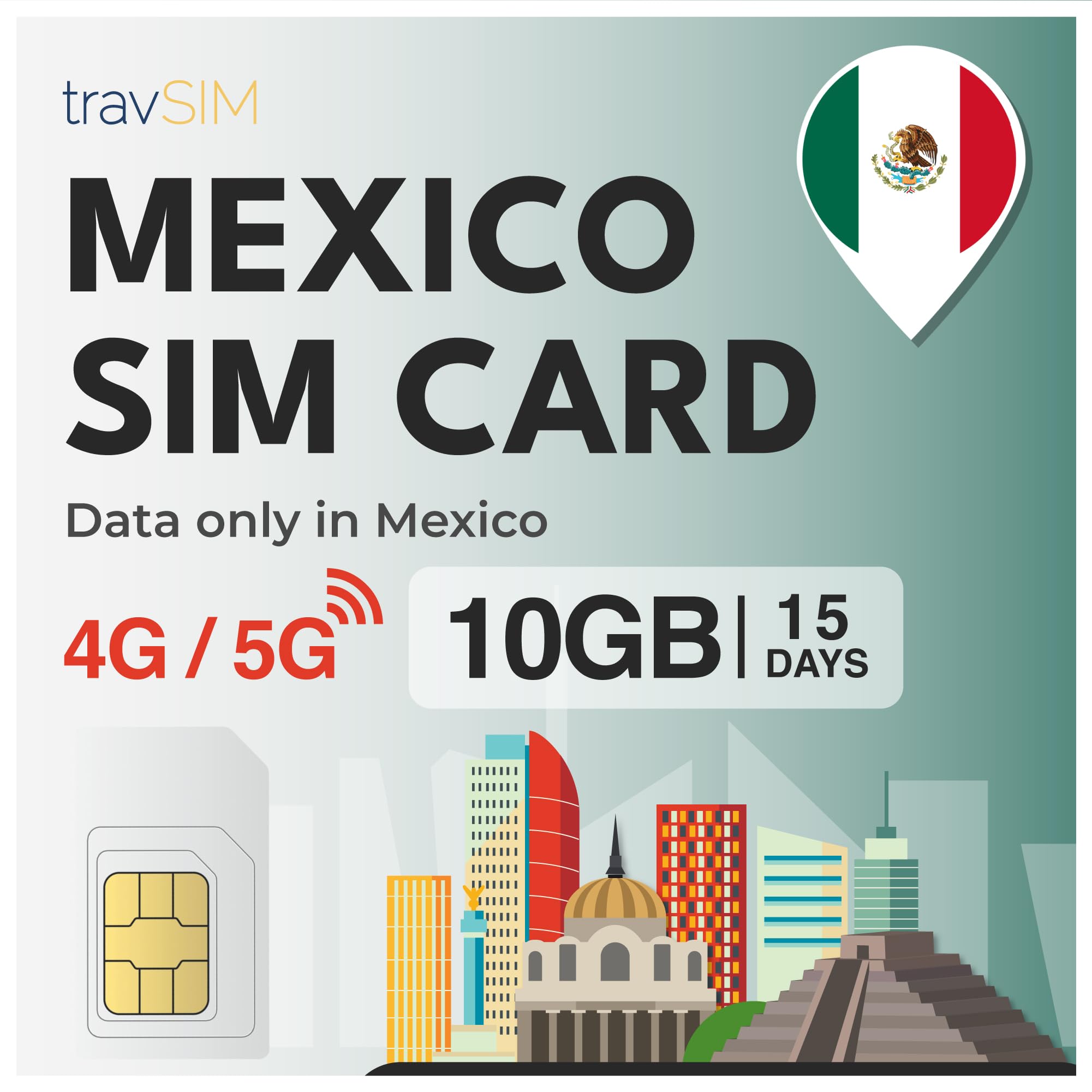 travSIM SIM Messico | 15 Giorni - 10GB di dati | 5G/4G ad alta velocità | Accesso illimitato a internet per Google, Facebook, Whatsapp, Instagram e altro ancora