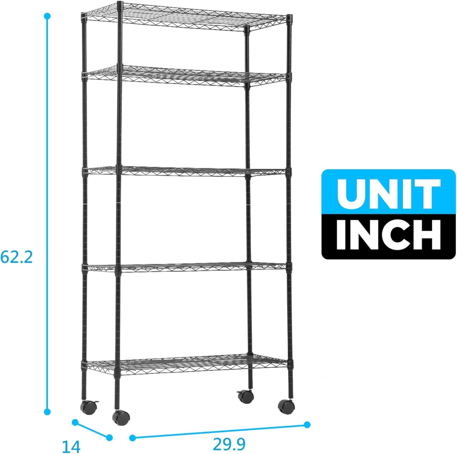 24/7 Shop at Home Rex Industrial 5 Tier Wire Shelving Rack with Wheels, Adjustable Shelves and NSF Certified, Metal Storage Shelves for Kitchen, Office, Garage, Basement, Laundry Room, Black