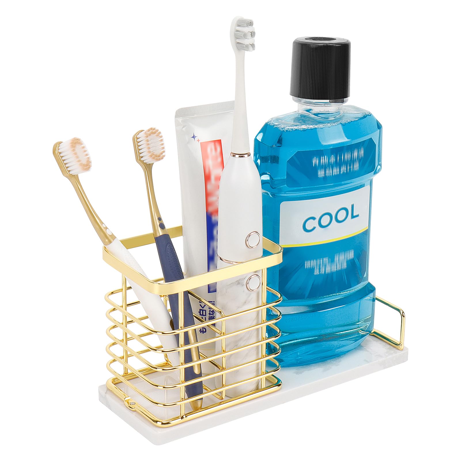 HarJue Toothbrush Holder, Luxurious Metal Toothbrush Toothpaste Holder with Marble Base for Bathroom, Multi-Slots Openwork Design, Bathroom Accessory for Storage and Organizer (Large, Gold)