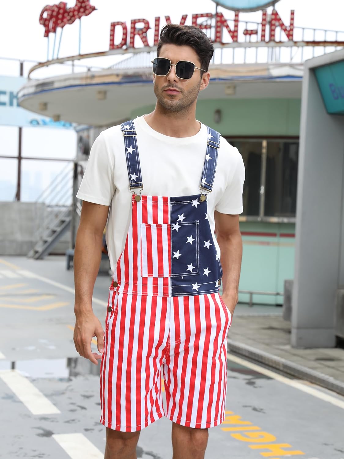 Men's American Flag Shorts Overalls with Zipper Denim Patriotic Adjustable Straps Bib Coveralls 4th of July Jumpsuit - Image 2