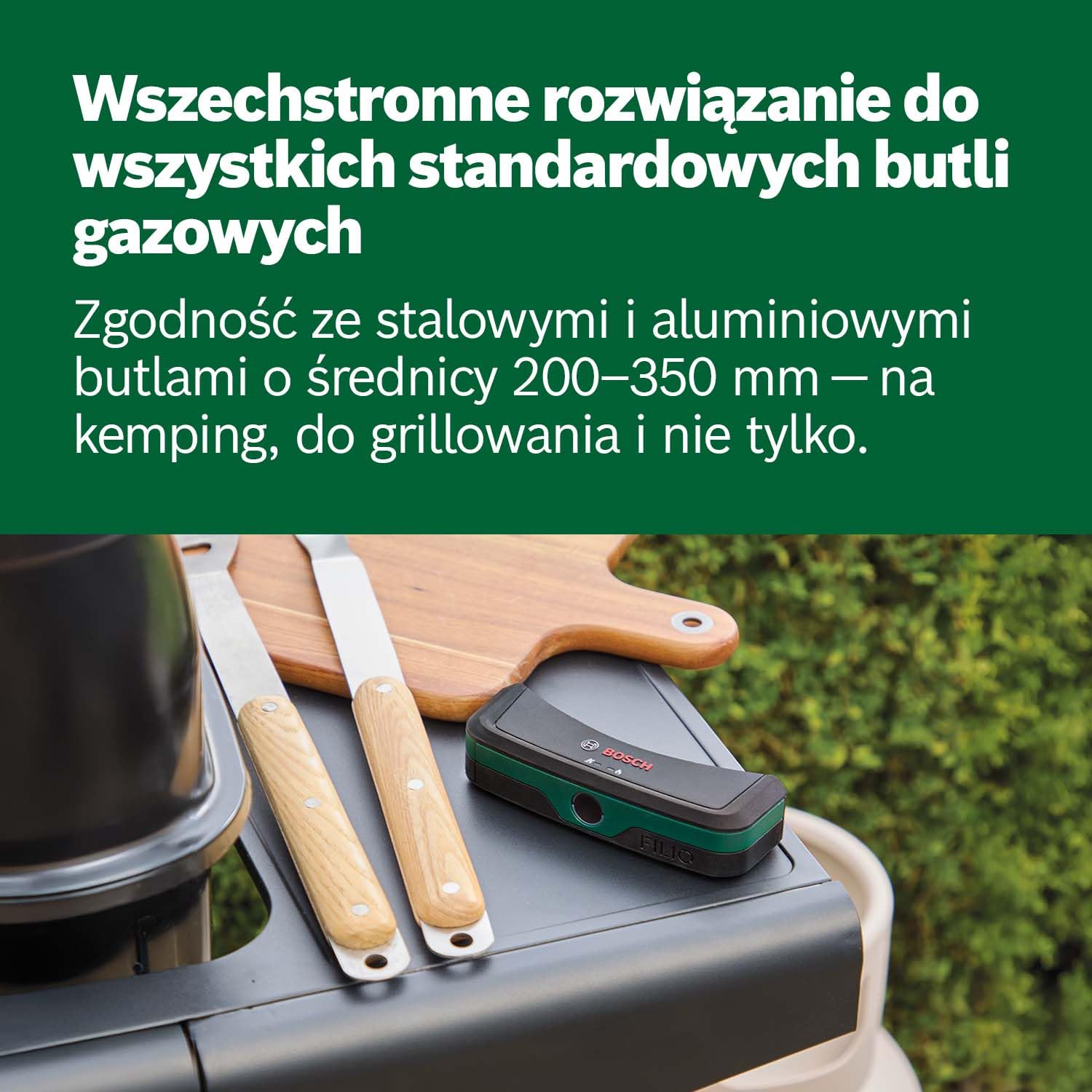 Bosch Detektor poziomu gazu Filio (technologia ultradźwiękowa, zgodność ze stalowymi i aluminiowymi butlami gazowymi o średnicy 200–350 mm, sygnalizacja LED, mocowanie magnetyczne)