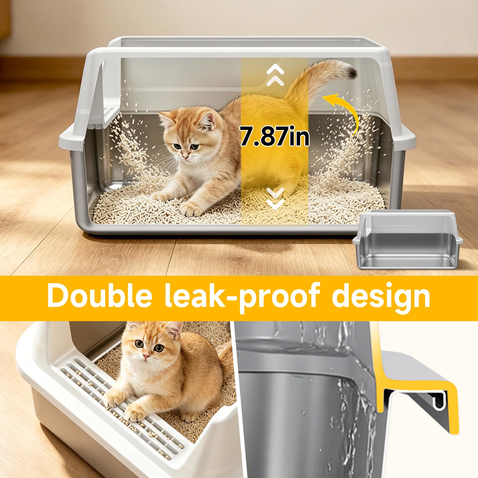 Condition photo showing As Is for stainless steel cat litter box with scoop,m metal pan for kittens | metal litter box with high sides & lid, open top low entry , non-stick easy clean ,kitty cat box for indoor cats, high wall