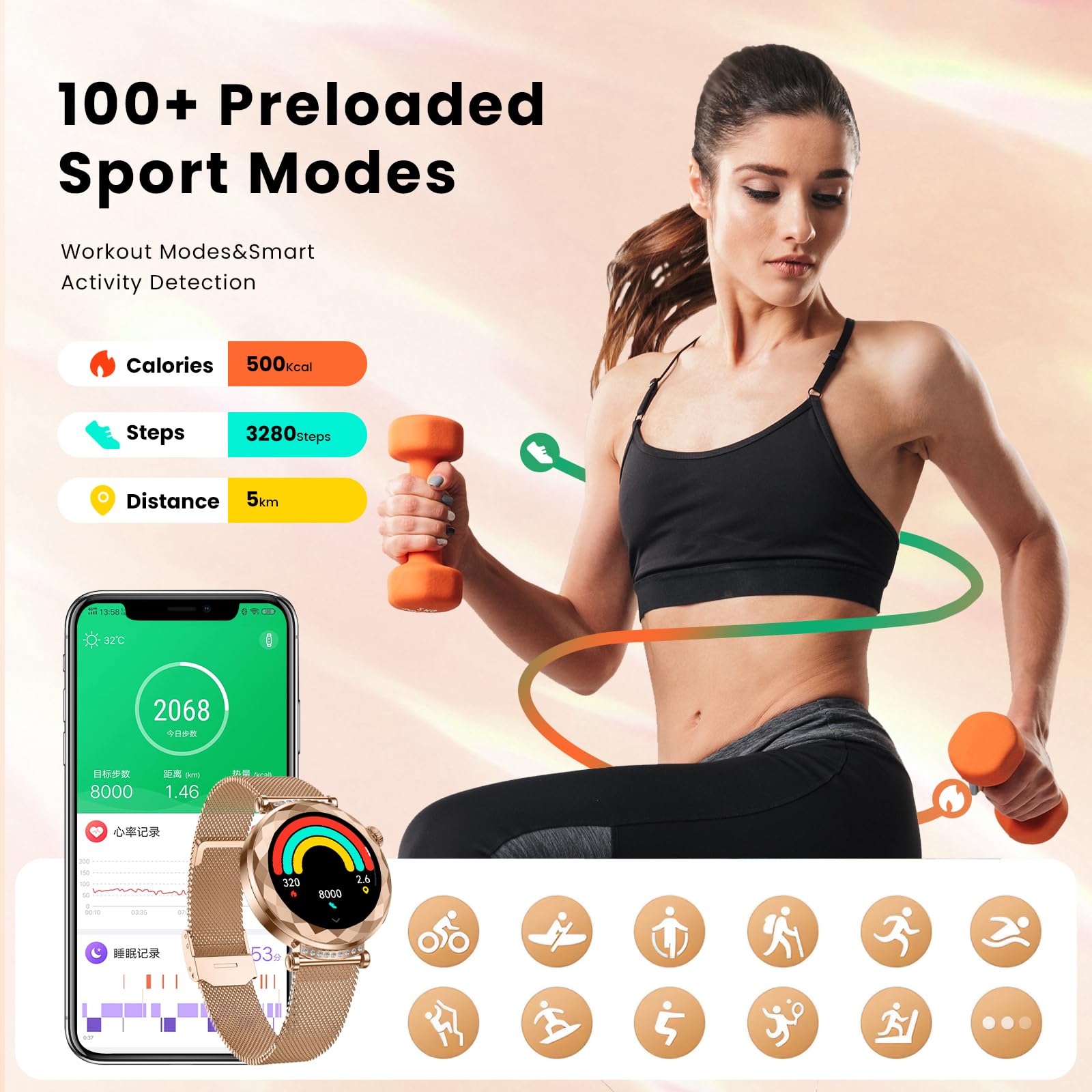 AURORA Smartwatch damski z funkcją telefonu (Różane złoto)