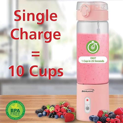 Miniatura 3 de Brentwood Licuadora portátil de vidrio cargable por USB de 50 vatios y 17 onzas (rosa)