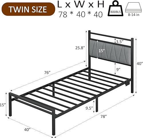 Miniatura 2 de Base de cama individual con luces LED y estación de carga, base de cama de plataforma metálica con cabecero tapizado, no necesita somier, sin ruido,