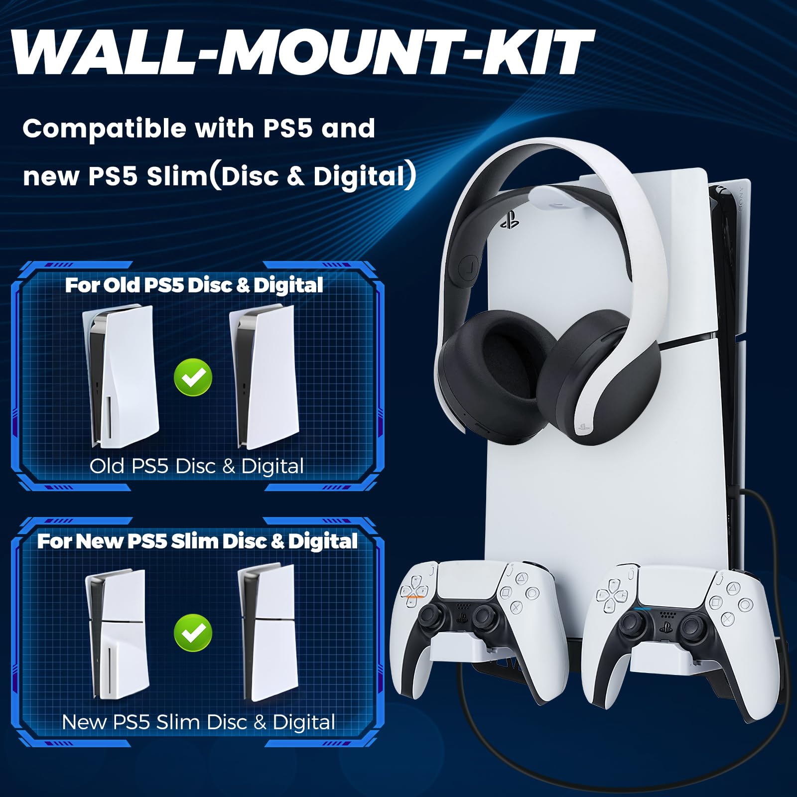 Supporto da Parete per PS5/PS5 Slim con Stazione, PS5/PS5 Slim Supporto Parete con Cavo di Ricarica Supporto per PS5 Muro per Playstation 5/PS5 Slim Digital/Disc Console con Supporto per Cuffia