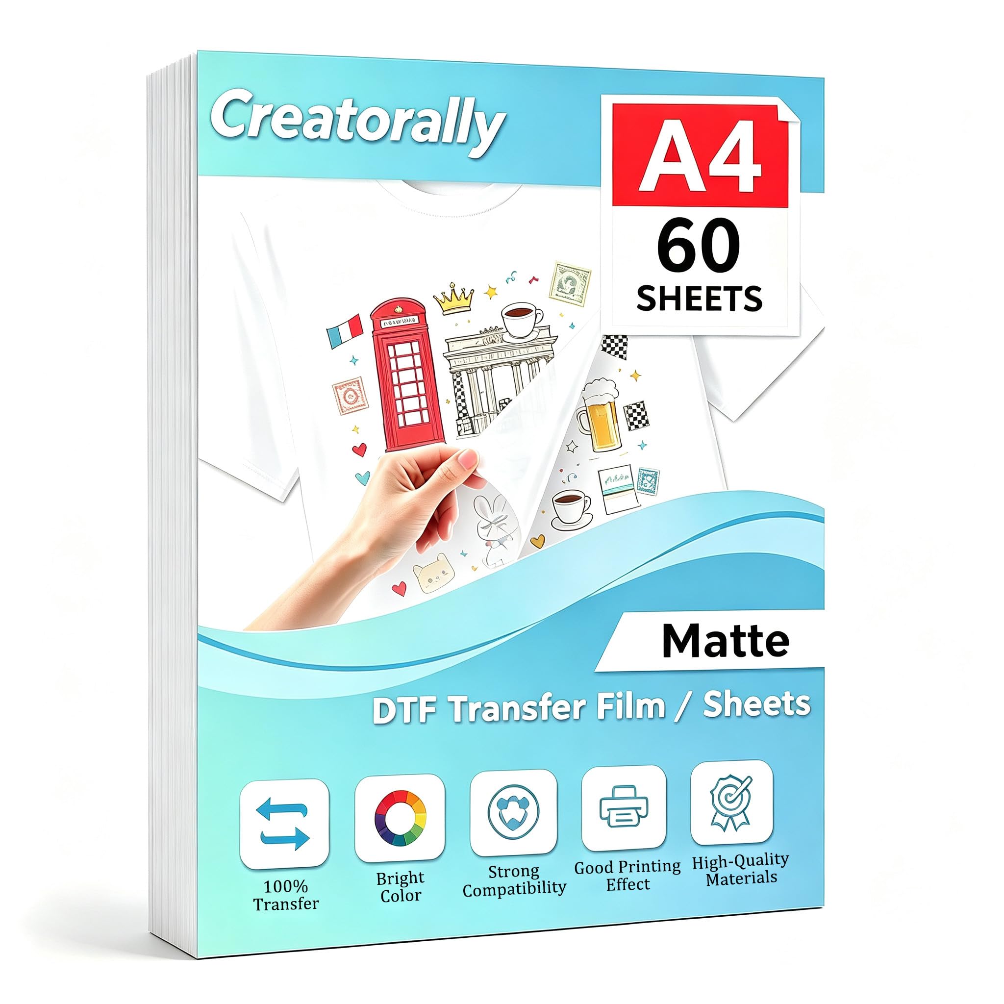 Creatorally 60 Sheets A4 Matte DTF Transfer Film (210 x 297mm) – Double-Sided Frosted PET Heat Transfer Paper for Inkjet Printers with DTF Ink or Sublimation Ink