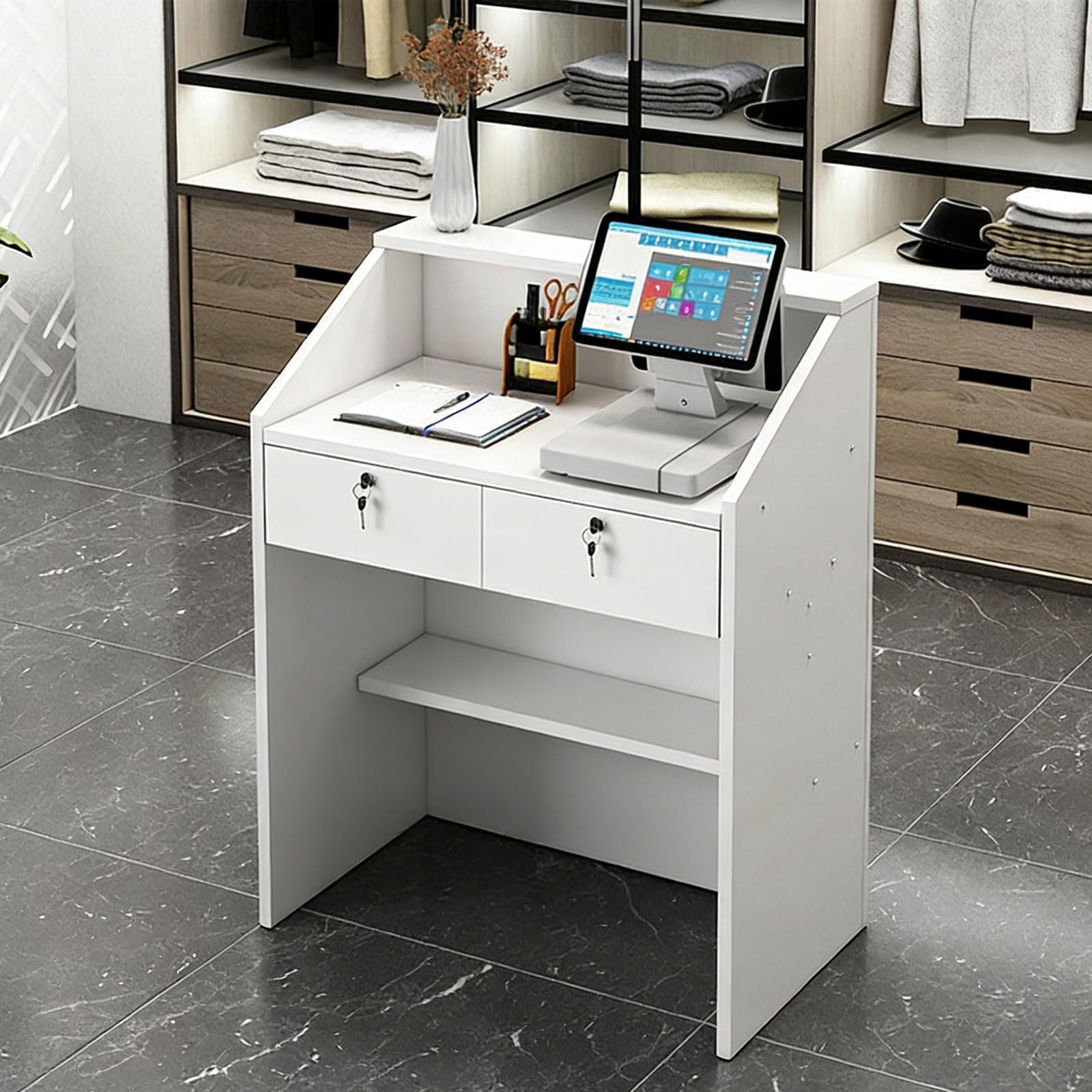 Reception Desk with Counter - Front Desk Reception Counter with Ample Storage & Lockable Drawers, Wooden Modern Reception Table for Clothing Stores Bookstore White 23.6"L x 15"W x 36.2"H (60x38x92cm)