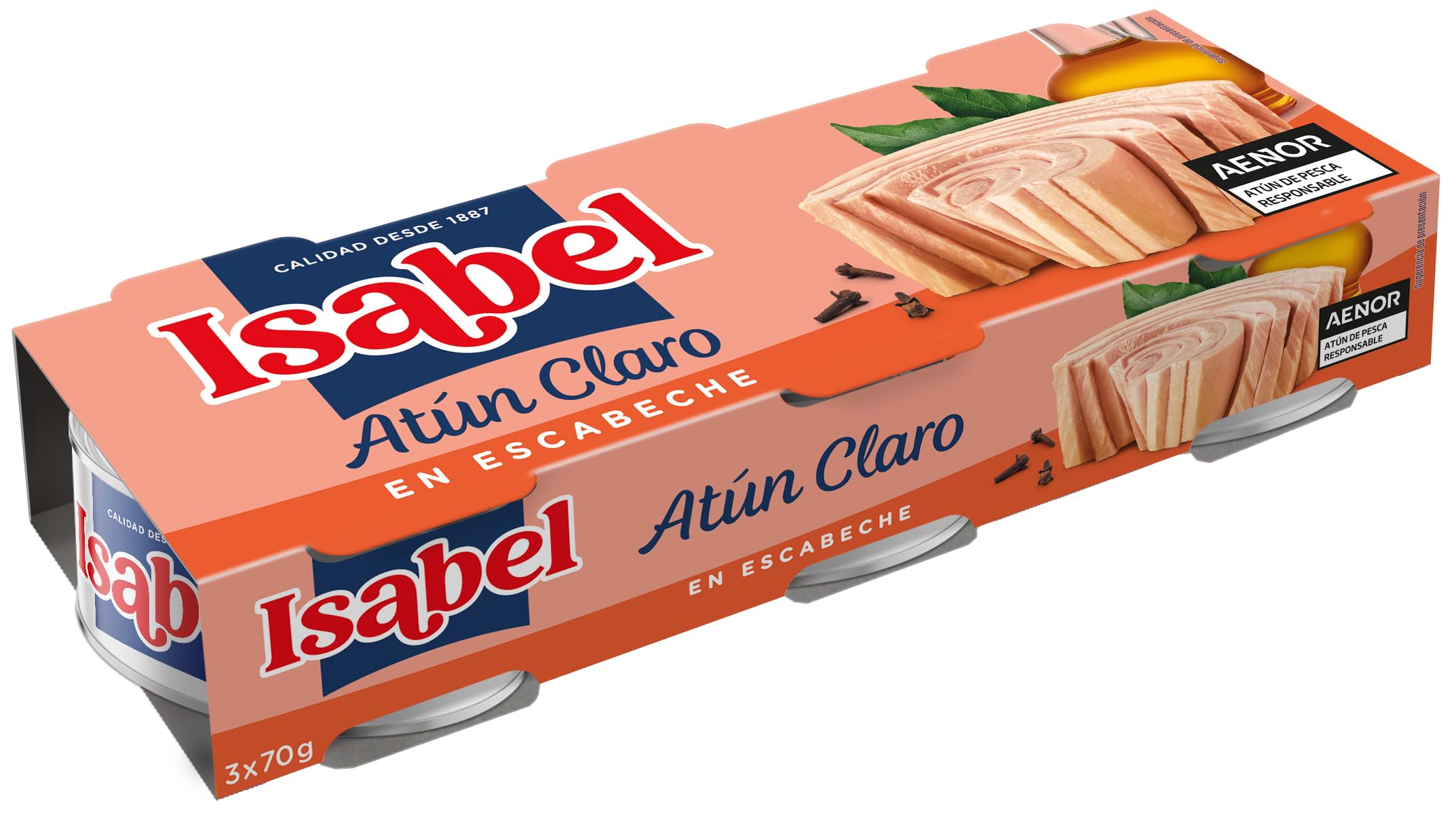 Isabel Atún claro en escabeche, 1 pack de 5 estuches de 3 latas de 65gr