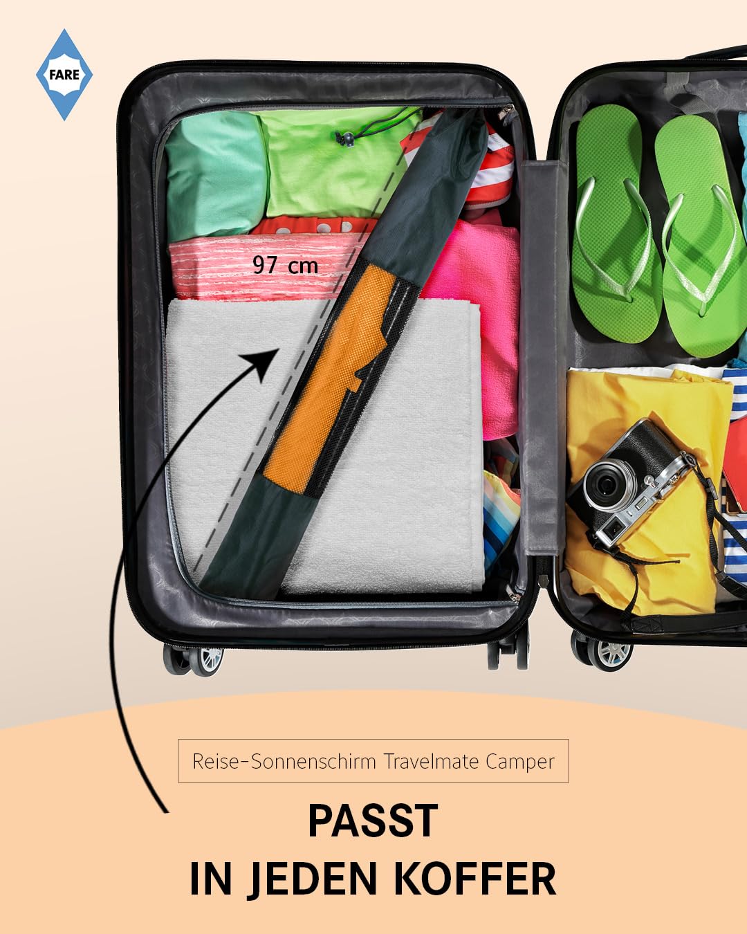 FARE Reise-Sonnenschirm Travelmate Camper UV-Schutz UPF50+ Leicht Kompakt Strand Outdoor Camping