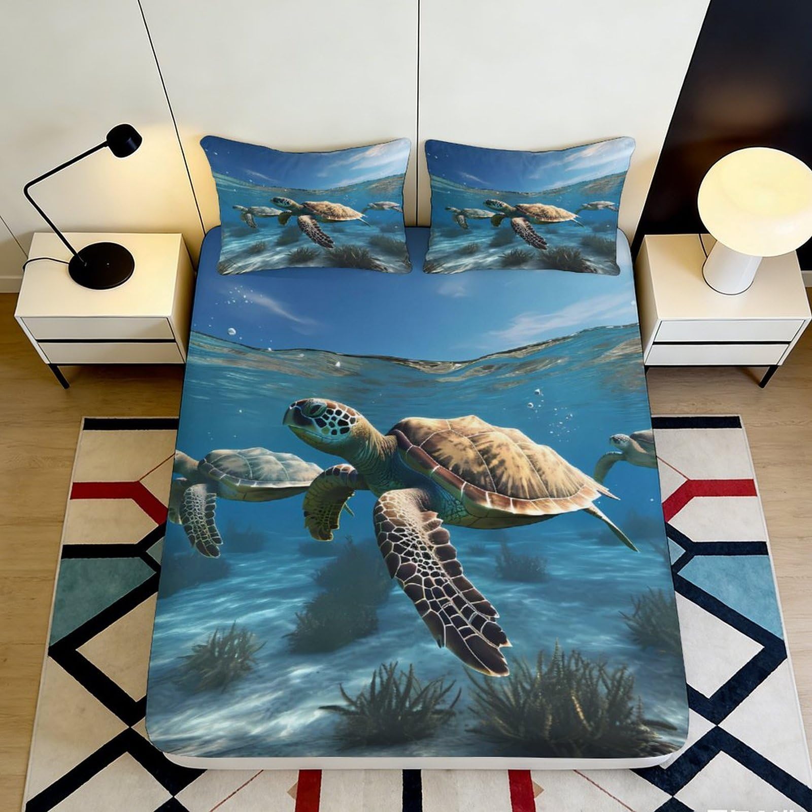 3D Printed Sea Turtle Ocean Fitted Sheet Microfiber Soft Mattress Cover Underwater Art Bedroom Decor 90x200x25cm