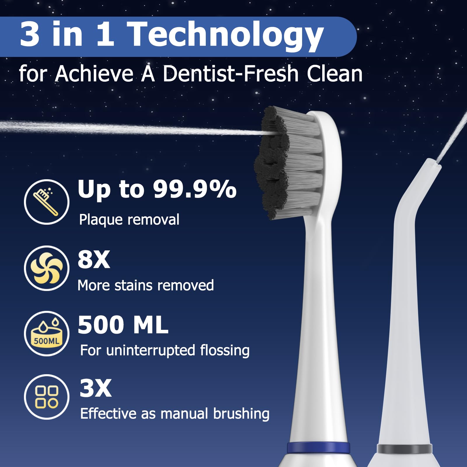 Cepillo de dientes eléctrico con hilo dental de agua, cepillo de dientes sónico 3 en 1 y irrigador dental de agua dental para limpieza de dientes adultos con 4 cabezales, sensible, cuidado de las