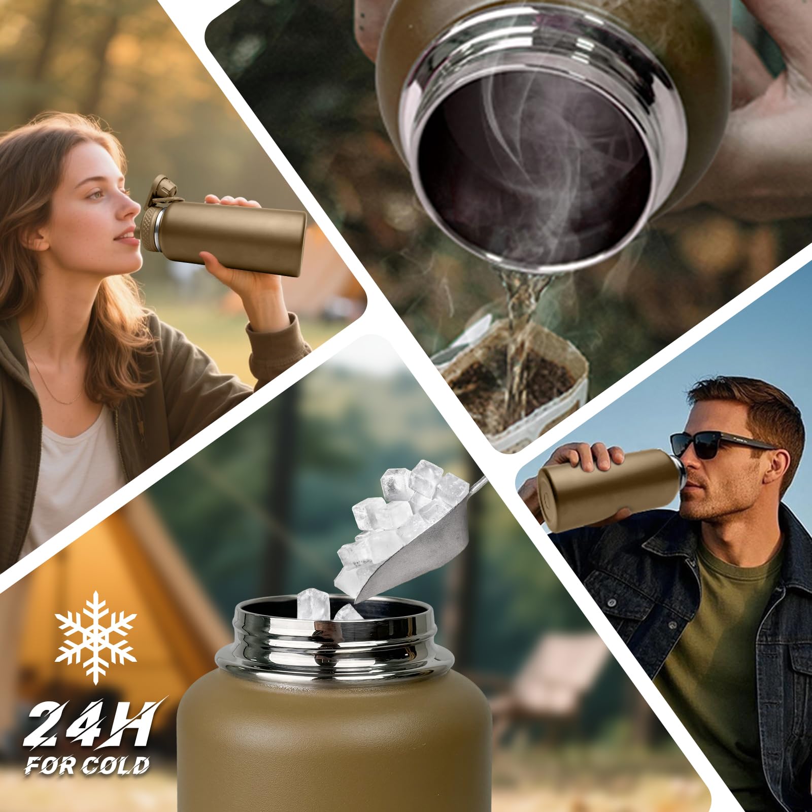 Isolierte Wasserflasche mit Hülle, taktischer Edelstahl-Metall-Wasserkrug, breite Öffnung, Fitnessstudio, Wasserflaschen für Herren, Sport, Workout, Wandern, mit Tasche, Khaki