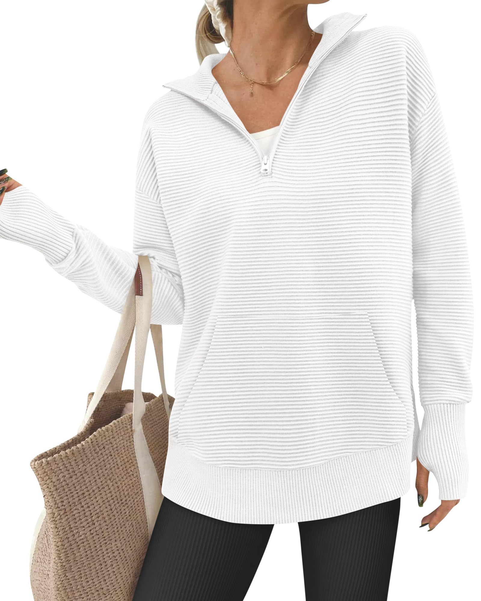 BTFBM Sweaters for Women Fall Winter Clothes 2025 Pocket Quarter Zip Pullover V Neck Long Sleeve Knit Trendy Sweater