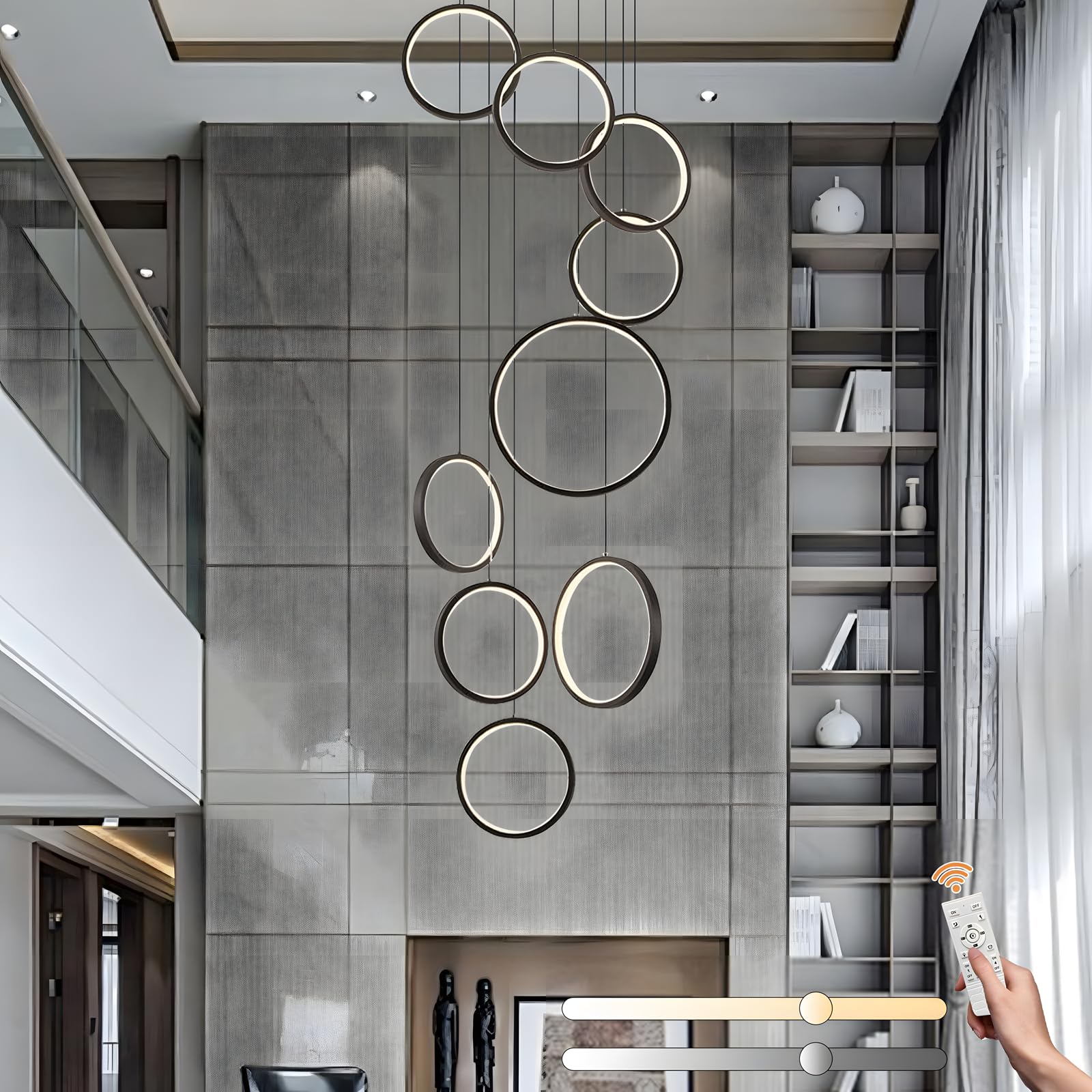 LAMPLAY LED Long Staircase Chandelier, Modern High Ceiling 9 Black Rings Lamp, DIY Entryway Height Adjustable Pendant Light, Dimmable with Remote Control 3000K-6000K, Hallway Living Room Stairs Villa — image 1