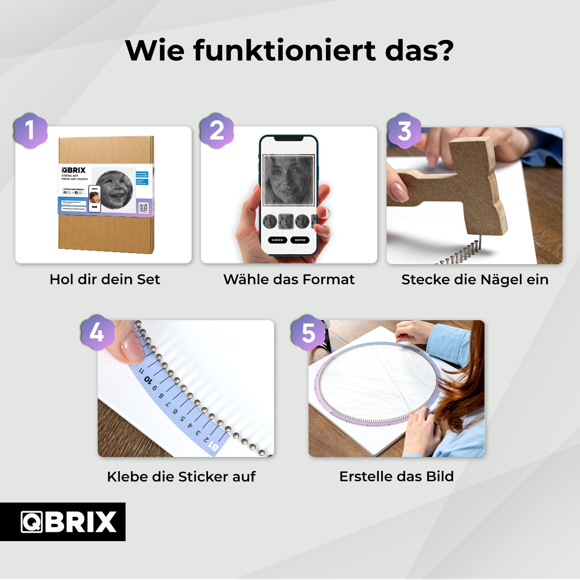 QBRIX Mini – String Art Fadenbild DIY | personalisiertes Geschenk | eigenes Foto als Garnbild | Wunschmotiv | Wandbild (Quadrat- oder Rundform 37×37 cm)