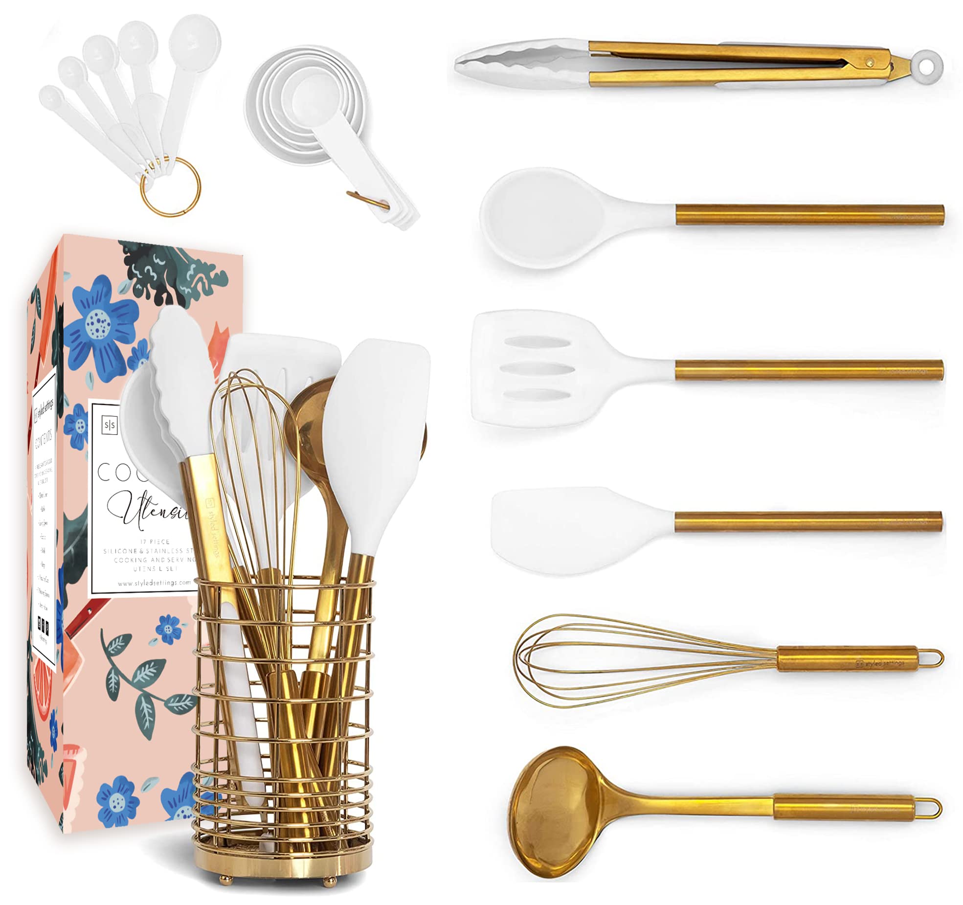 Buy Gold Kitchen Utensils with Holder 17PC White & Gold Cooking