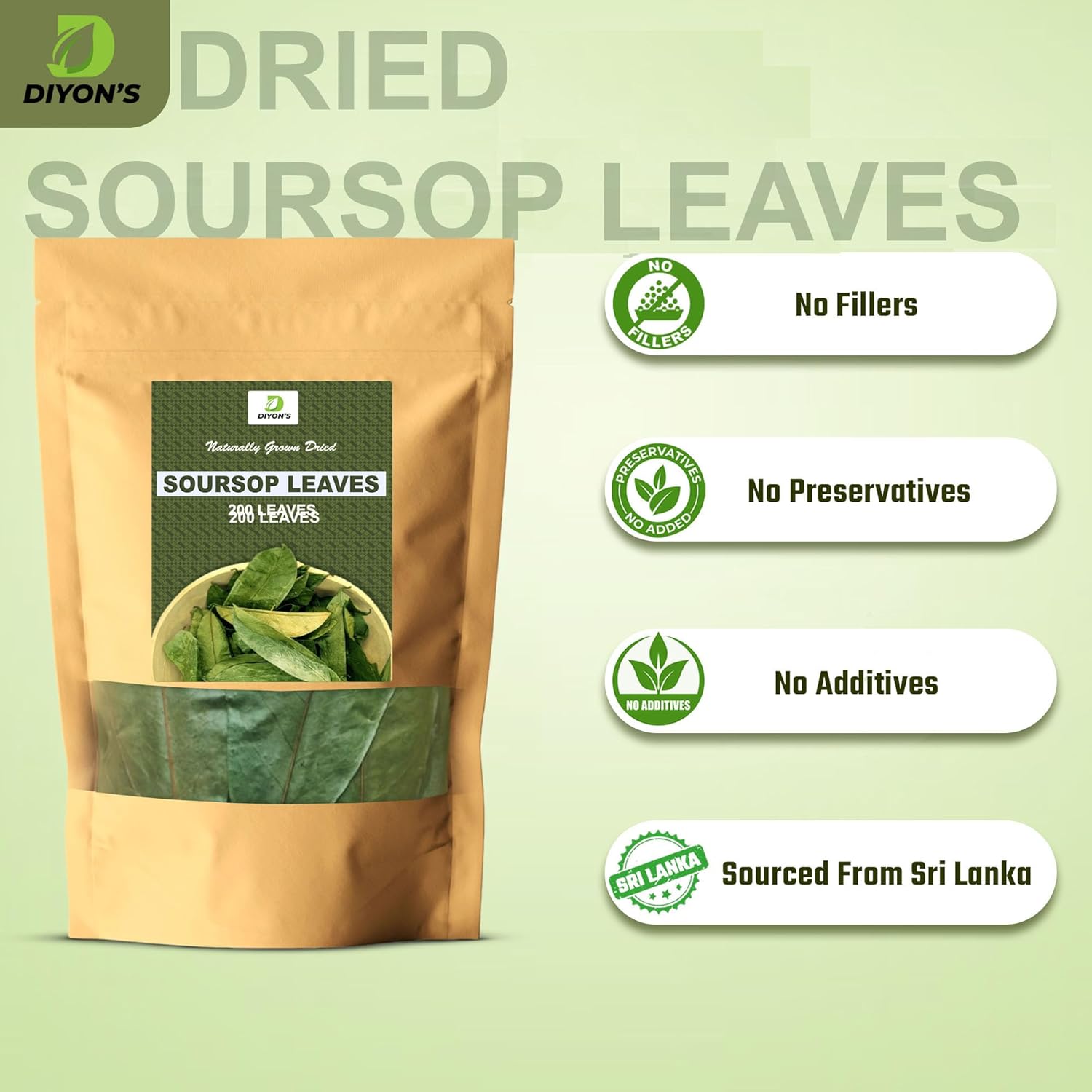 Diyon's Dried Whole Soursop 200 Leaves (110g) 100% All Natural, Delicious Fresh Tea | From Sri Lanka | Premium Wildcrafted Quality, Packed In a Stand up Resealable Pouch. - Image 5