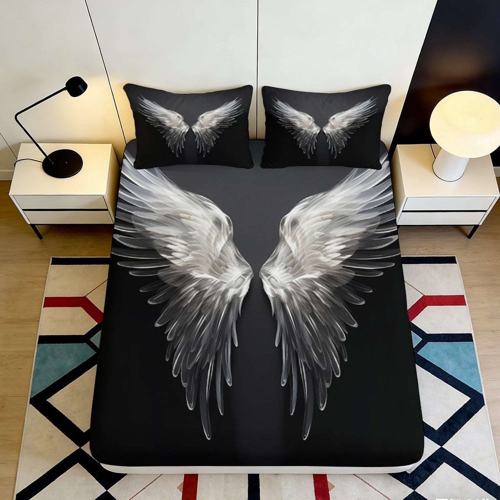 3D Printed Angel Wings Fitted Sheet Microfiber Black Artistic Feather Mattress Cover for Bedroom Dorm Mattress Protection Decor 180x200x25cm