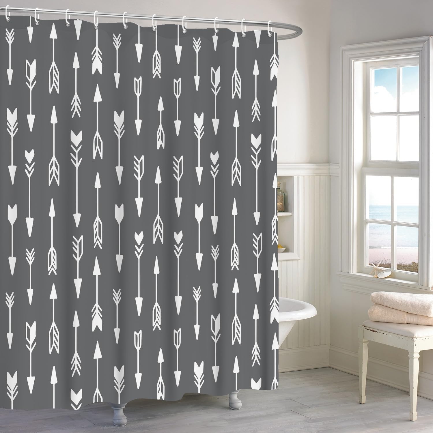 OERJU Arrows Shower Curtain Dark Grey Background Casual Style Machine Washable Bathroom Curtain Set with Hooks 72x84inch Waterproof Polyester