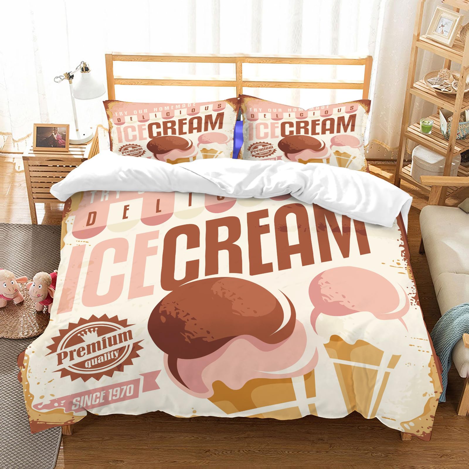 Ropa de Cama Cubierta de Conjunto elaborado en algodón 100%.,Especialmente Adecuado para hipoalérgicos,Concepto de diseño de Letrero de hojalata de Helado Retro. Cartel promocion,228x264cm
