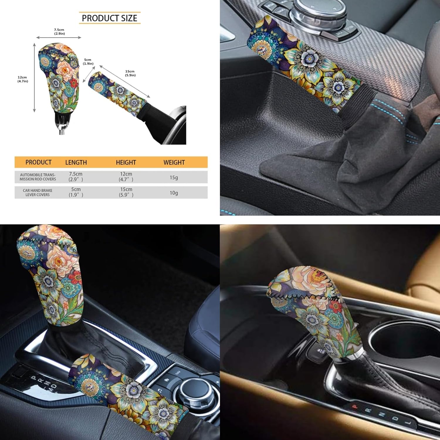 Boho Vintage Floral Mandala Car Accessories Seat Cover+Shift Knob Handbrake Protector+Steering Wheel Cover+Seat Belt Pads+Armrest Box Cover+Coaster, Set of 12, Stretch Universal