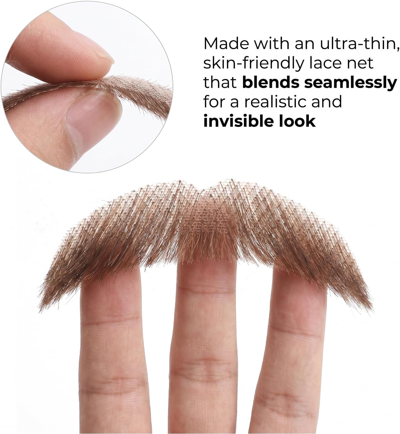 Fake Beard & Mustache - 100% Human Hair, Hand-Tied on Breathable Lace. Natural Facial Hair for Cosplay, Theater & Daily