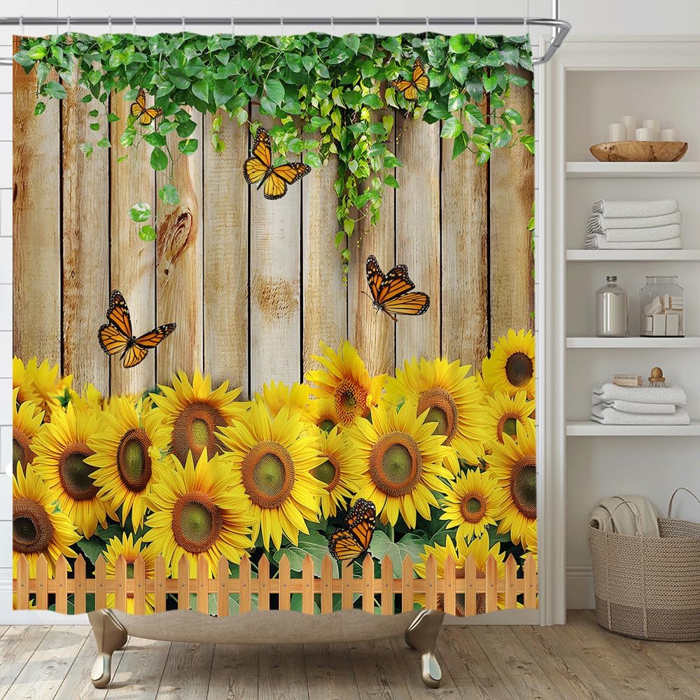 AMFD Sunflower Shower Curtain Rustic Farmhouse Yellow Flower Butterfly Country Wooden Plank Green Leaves Spring Flower Bathroom Curtains Decor Polyester Fabric Include Hooks,(70" Wx74.8 H)