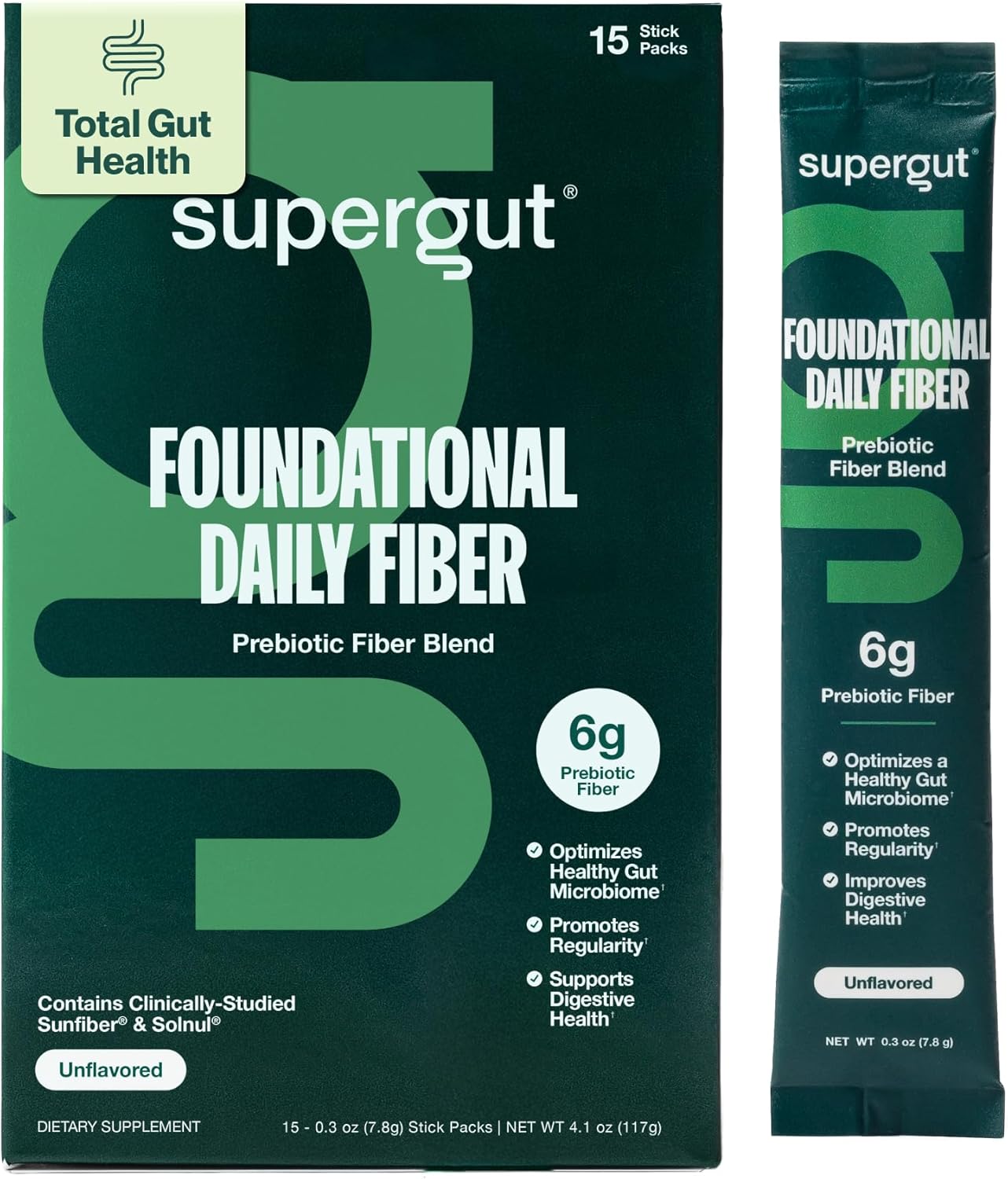 Supergut Foundational Daily Fiber, Vegan & Sugar Free Prebiotic Powder Blend for Gut Health & Digestive Support, Plant Based Supplement for Men & Women with 6g of Fiber, Unflavored, 15 Stick Packs