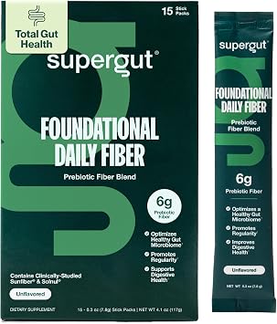 Supergut Foundational Daily Fiber, Vegan & Sugar Free Prebiotic Powder Blend for Gut Health & Digestive Support, Plant Based Supplement for Men & Women with 6g of Fiber, Unflavored, 15 Stick Packs