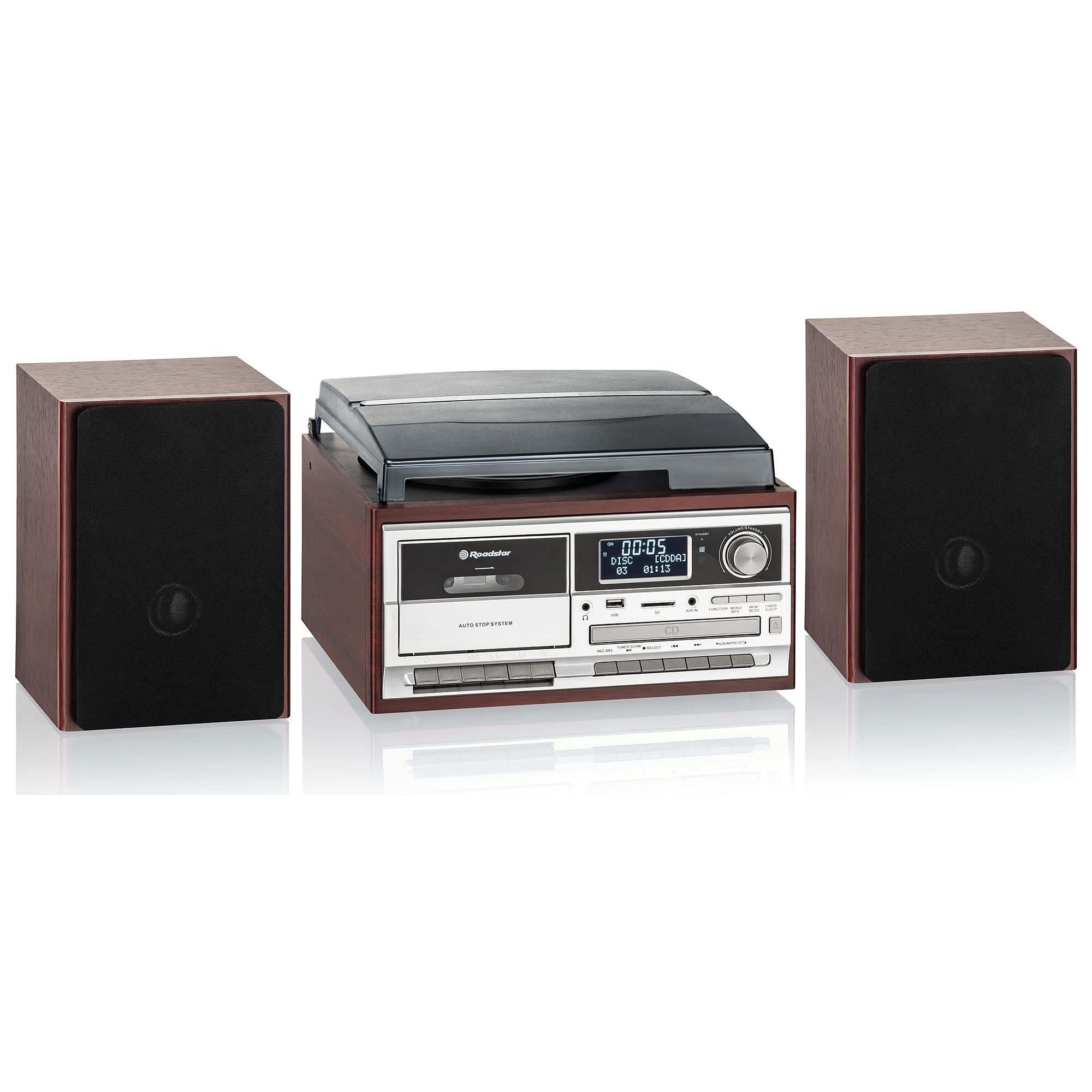 Roadstar HIF-8892D+BT Mini Impianto Stereo Hi-Fi Giradischi 3 Velocità Giri 33/45/78, Radio DAB/DAB+/FM, Lettore CD/CDR/CDRW/CD-MP3, Cassette, Bluetooth, USB/Scheda SD, Telecomando, Legno