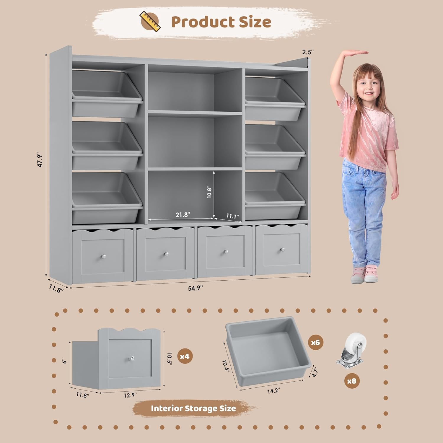 HITHOS 55" W Kids Toy Storage Organizer, Large Toy Box with Bookshelf, Toy Chest with 3 Cubes Storage Organizer, 6 Toy Organizers and Storage Bins, 4 Rolling Drawers for Kids Room, Playroom, Gray