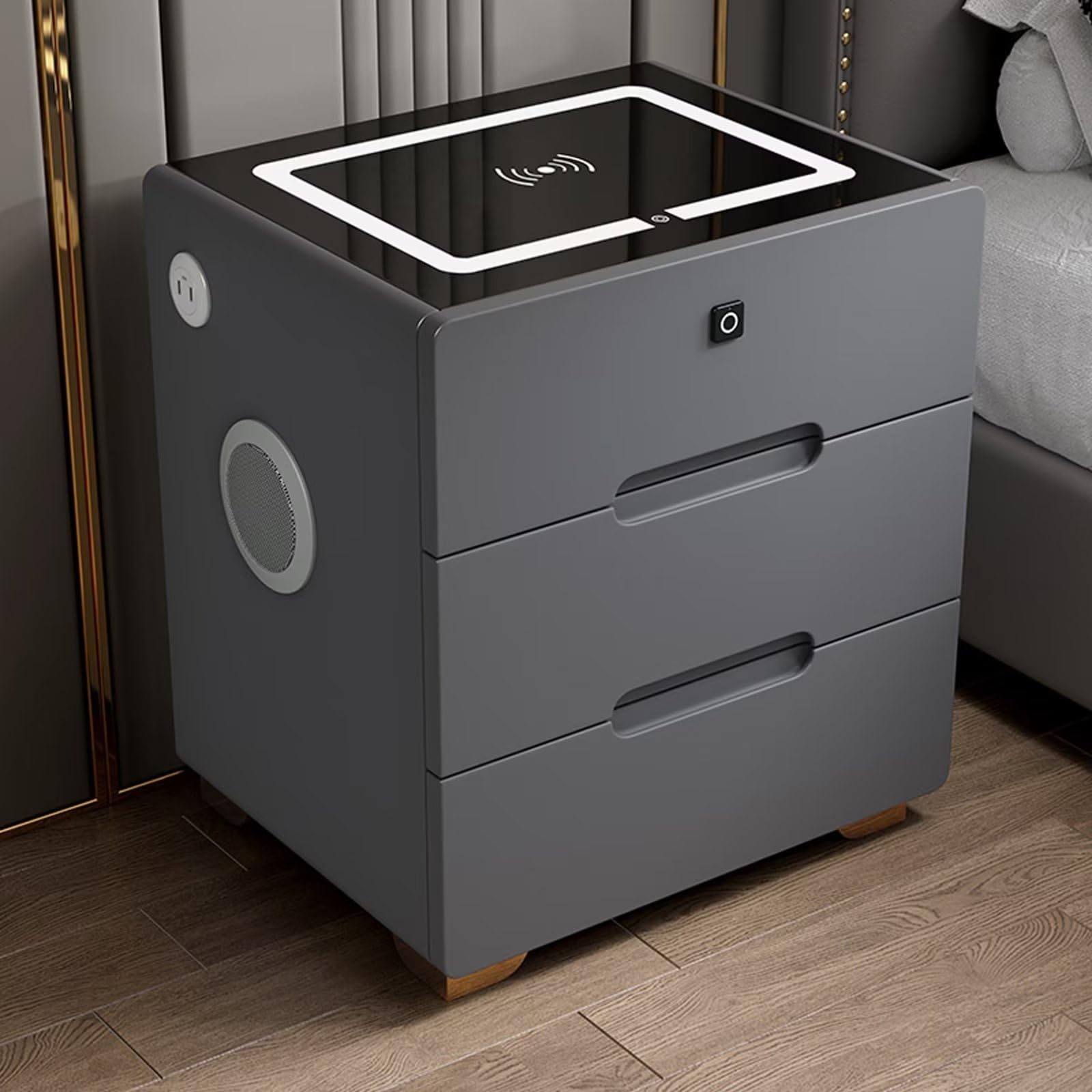 Inteligentna szafka nocna z bezprzewodowym ładowaniem Głośnik Bluetooth Blokada linii papilarnych i przechowywanie mebli do sypialni i salonu - nowoczesny i funkcjonalny design