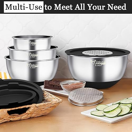 Miniatura 26 de Wildone - Cuencos para mezclar con tapas herméticas, 22 cuencos de acero inoxidable, 3 accesorios de rallador, marcas de medición y parte inferior
