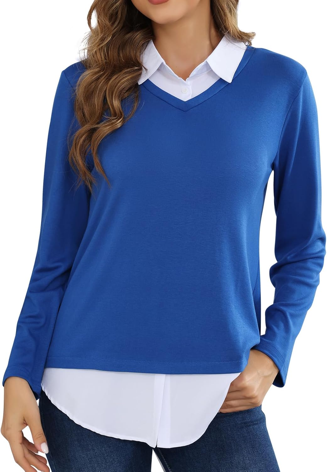 MISS FORTUNE Women's V-Neck Fall Winter Sweater Collar 2 in 1 Casual Long Sleeve Patchwork Office Pullover Shirts 2025 - Image 2