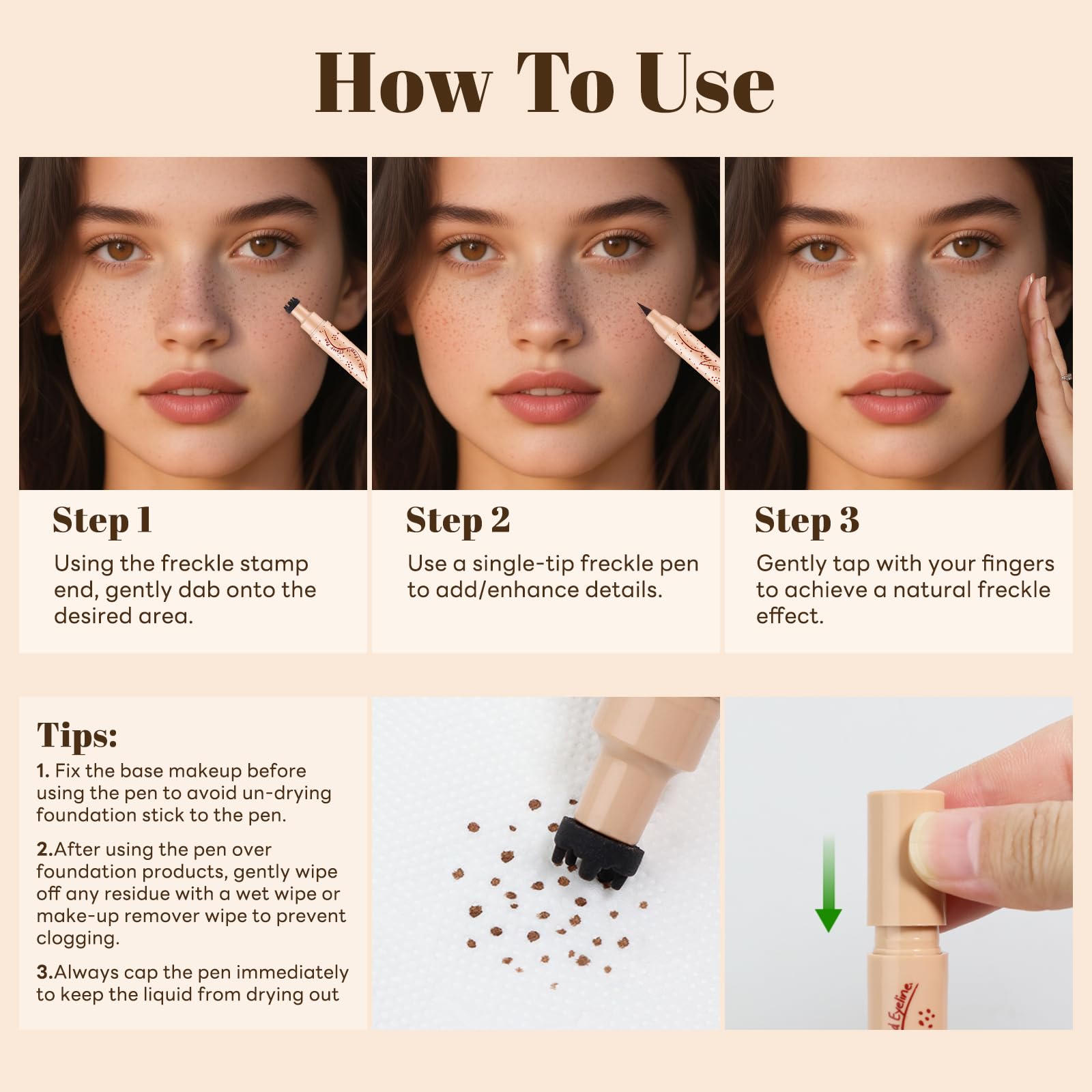 Noerrors Freckle Stamp Pen, 2 in 1 Natural Lifelike Faux Freckle Stamp with Soft Dots Pen for Effortless Sun-Kissed Look - Image 3