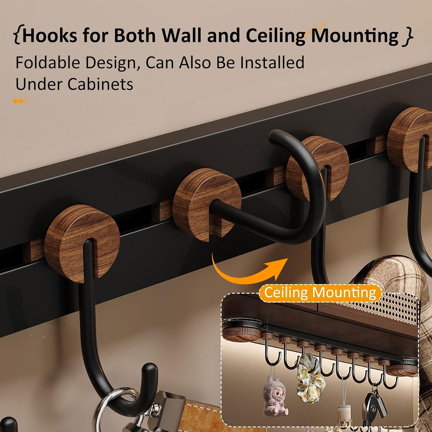 Suction Cup Door Hooks, No Drilling Required, Strong Load-Bearing Capacity, Foldable Heavy Duty Adhesive Coat Hooks, for Entryway Bedroom Bathroom, for Coat Hat Bag(Black,10 Hooks*60cm)