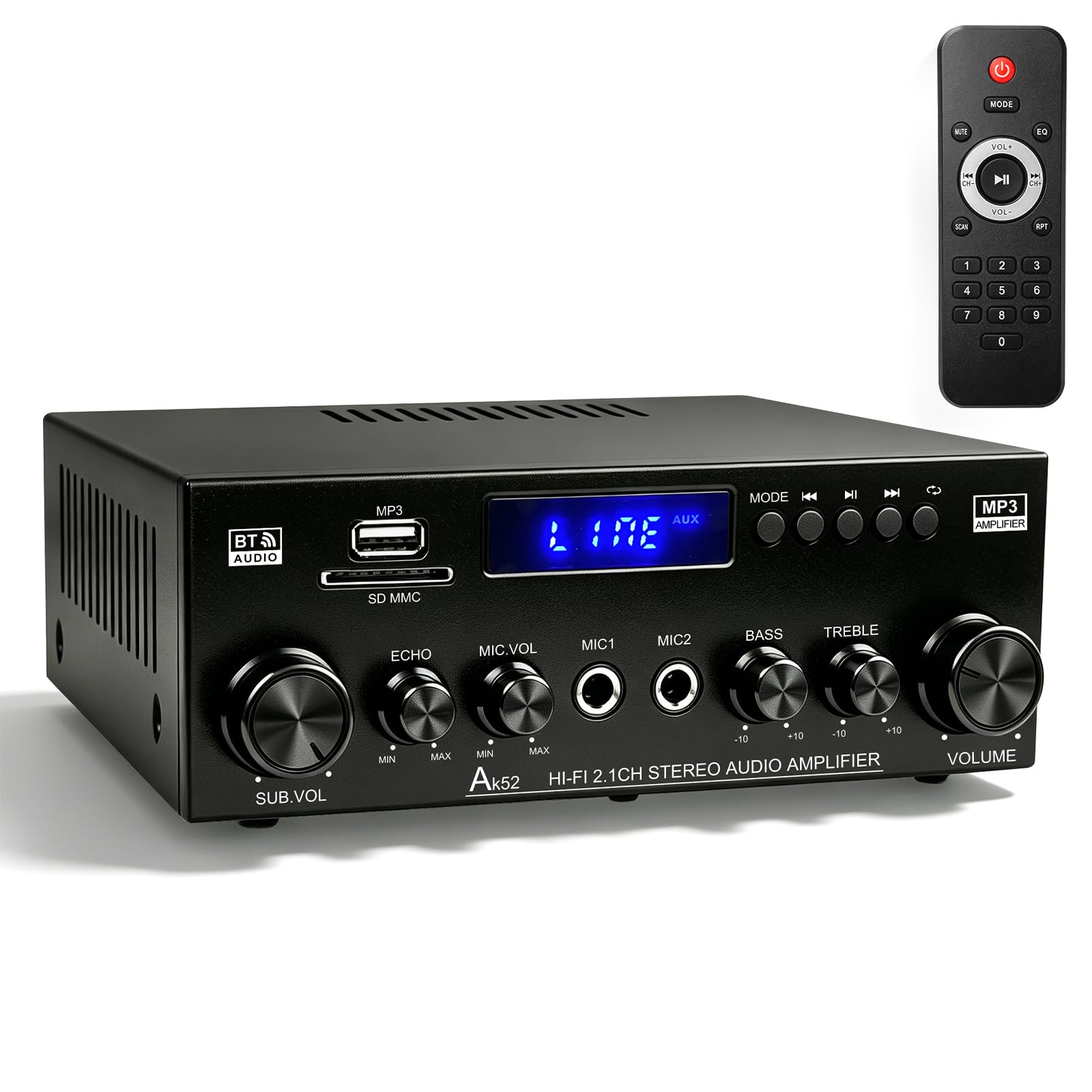 Audio Amplificateur stéréo HiFi 50WX2 Amplificateur Bluetooth 5.3 | écran LCD, alimentation 12 V/220 V - Compatible USB/SD/FM/RCA - Pour la maison, la voiture et le karaoké - Avec tél