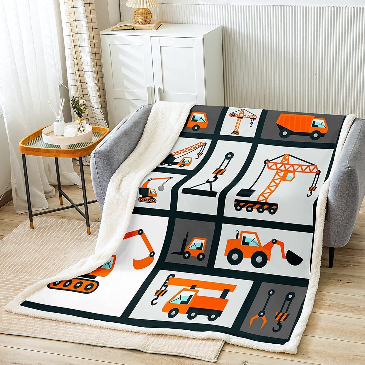 Homemissing Jungen BAU Decke 150x200cm Kinder Maschinen LKW Kuscheldecke für Schlafsofa Couch Jungen Schlafzimmer Baustelle Auto Fahrzeug Dekor Flanell Fleecedecke Bagger Wohndecke