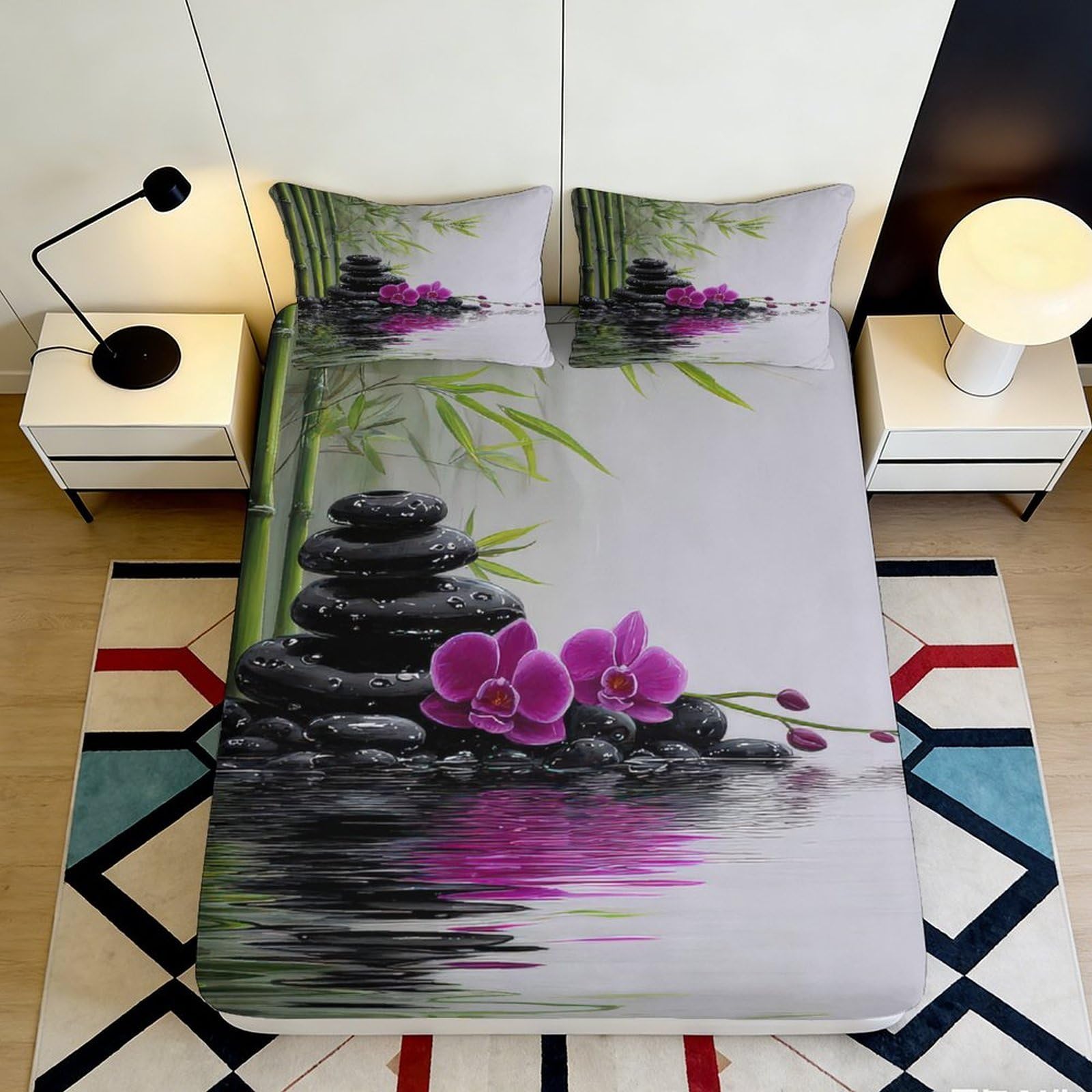 3D Printed Zen Bamboo Fitted Sheet Microfiber Water Reflection Orchid Mattress Cover for Bedroom Guest Room Decor 90x200x25cm
