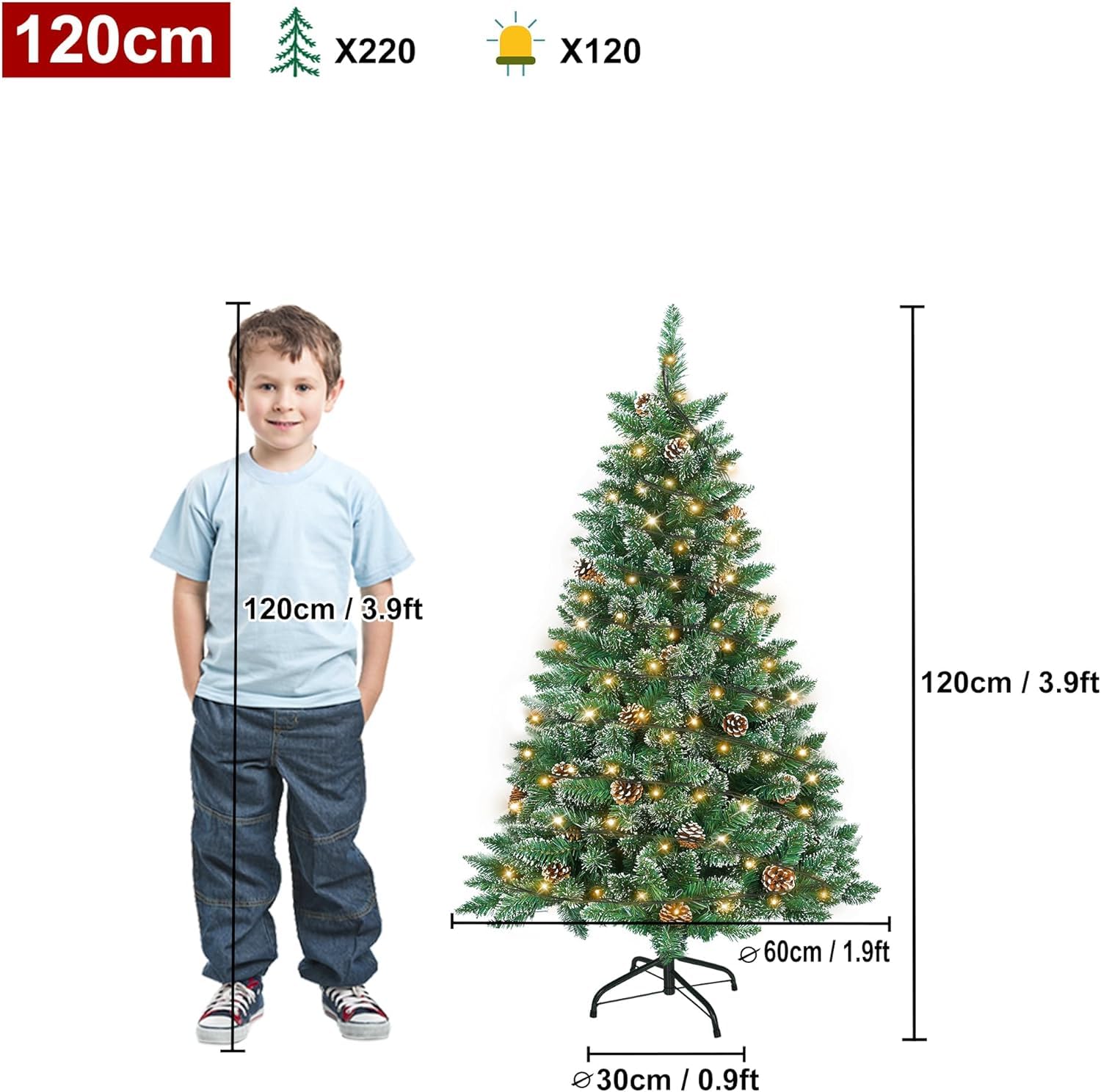LZQ Sztuczna choinka z oświetleniem, sztuczna choinka z PCW z wodoszczelnymi światłami, dekoracja bożonarodzeniowa (120 cm)