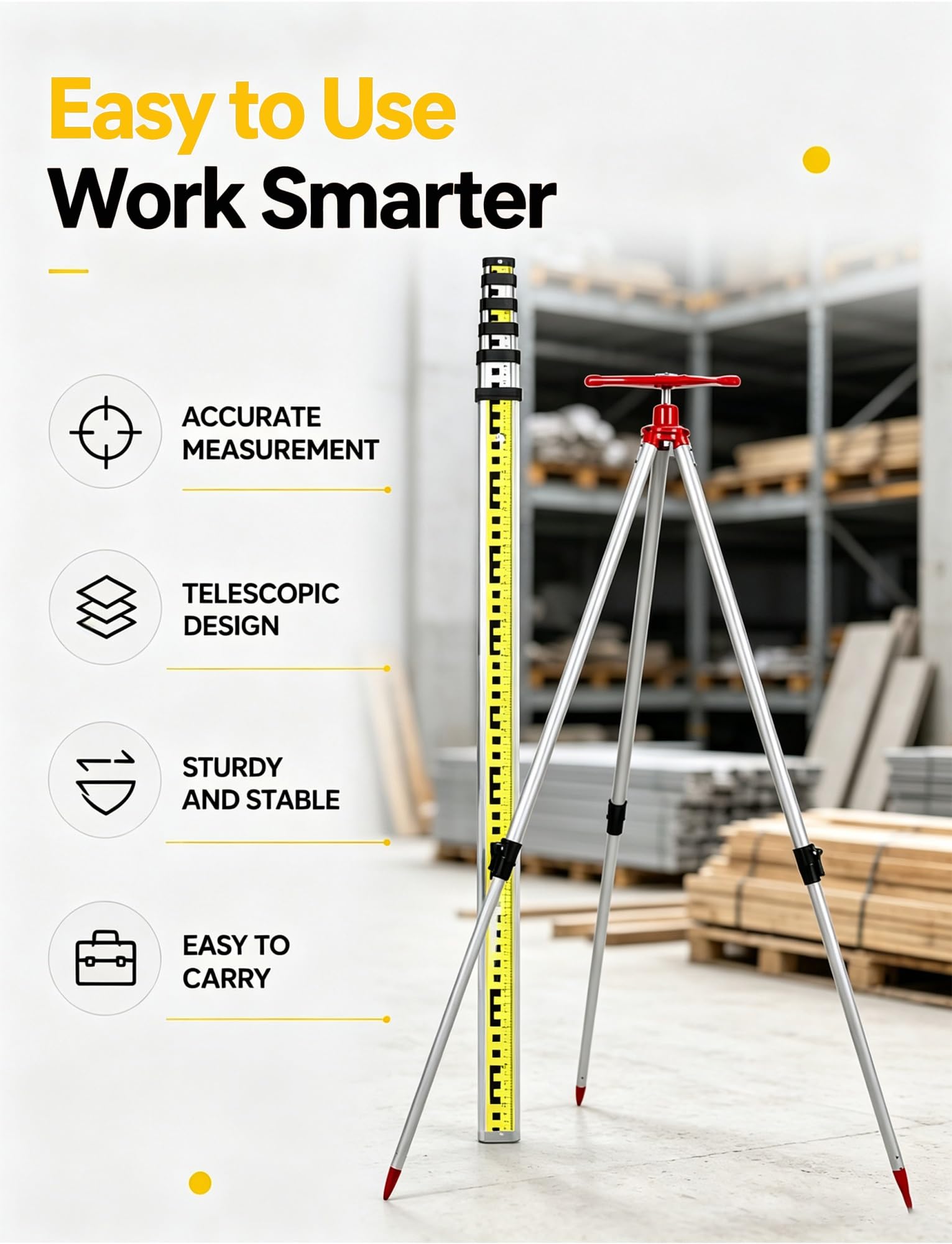 Vara telescópica de Aluminio con trípode para topografía y construcción.