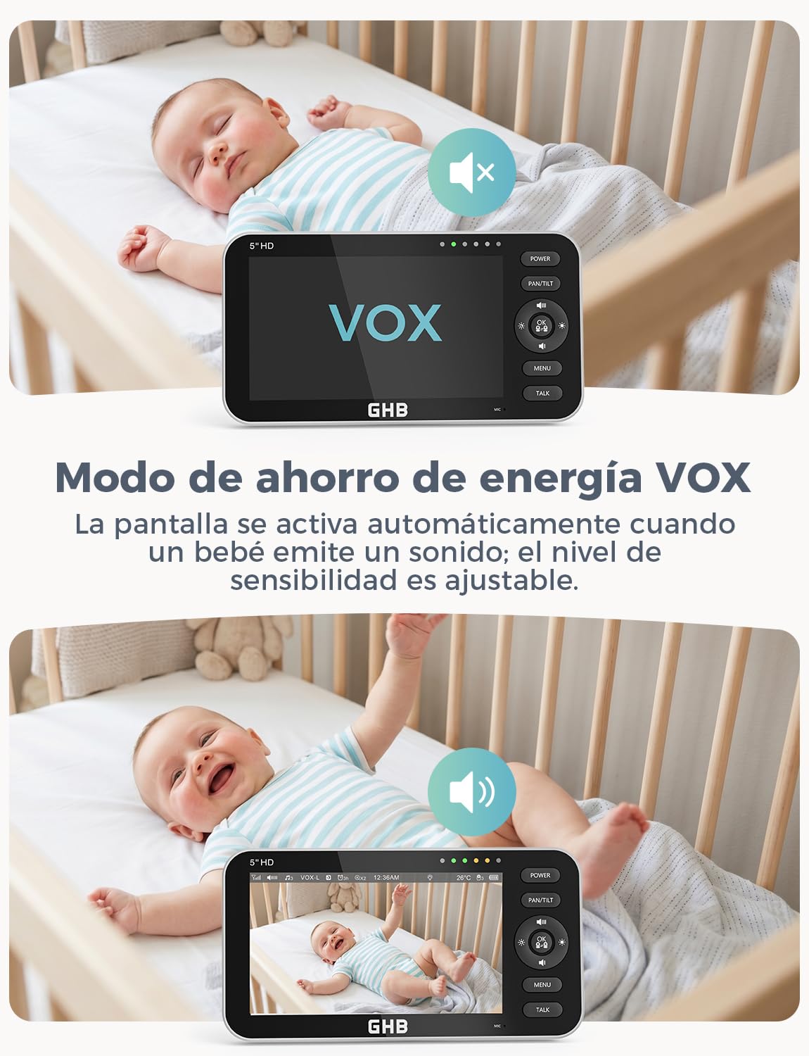GHB Camara Vigilancia Bebe con 5" HD Pantalla Vigilabebés con Cámara, Batería de 4000mAh Soporta 4 Cámaras, Pantalla Dividida, 4×Zoom, Visión Nocturna, Comunicación Bidirecciona Escucha Bebes