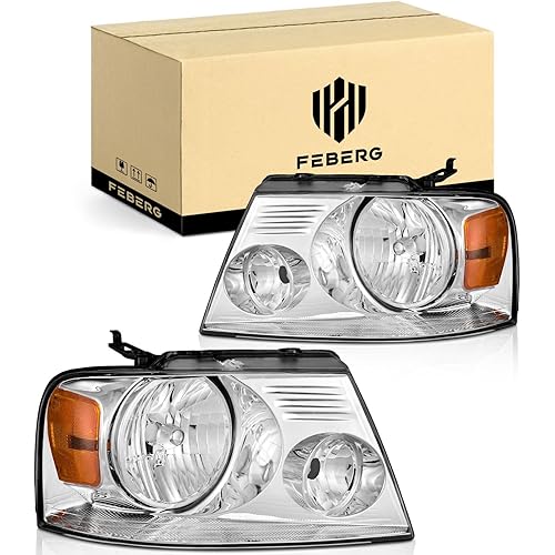 [OE Style Anti-Yellowing Headlights for 2004-2008 Ford F150 Pickup / 06-08 Mark LT, Headlight Assembly Compatible with 04-08 F150 Headlamp Replacement Chrome Housing Amber Reflector