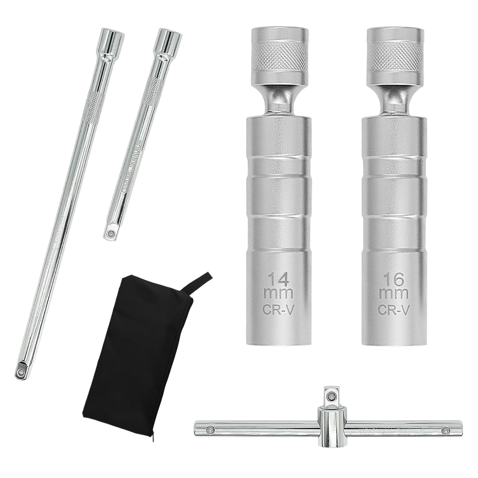 Thin Wall Spark Plug Socket Set: 6pcs Magnetic Spark Plug Sockets 12 Point Universal Joint 3/8 Inch Drive Socket Extension Bars for Automobiles Car Repairing Removal Tool (14mm & 16mm)