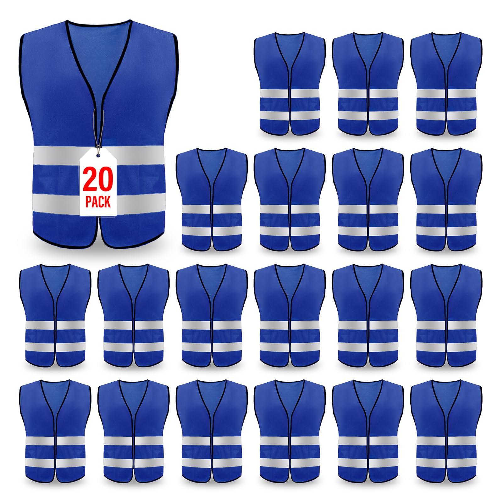 20 chalecos reflectantes con 2 tiras reflectantes para operadores y atletas (azul, 20) azul, 8