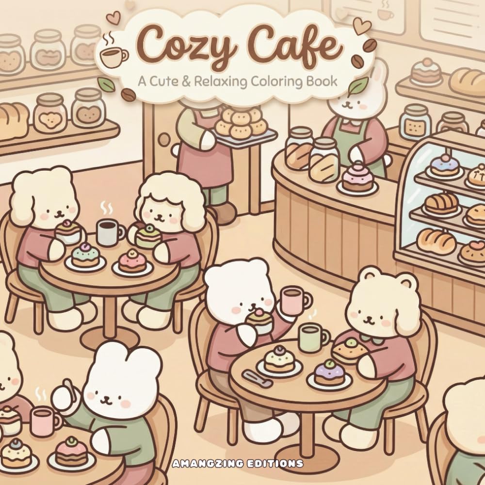 Cozy Cafe: Cute and Relaxing Coloring Book with Bold Lines, Adorable Animals, and Sweet Bakery Treats for Stress Relief (Kawaii & Simple Coloring)