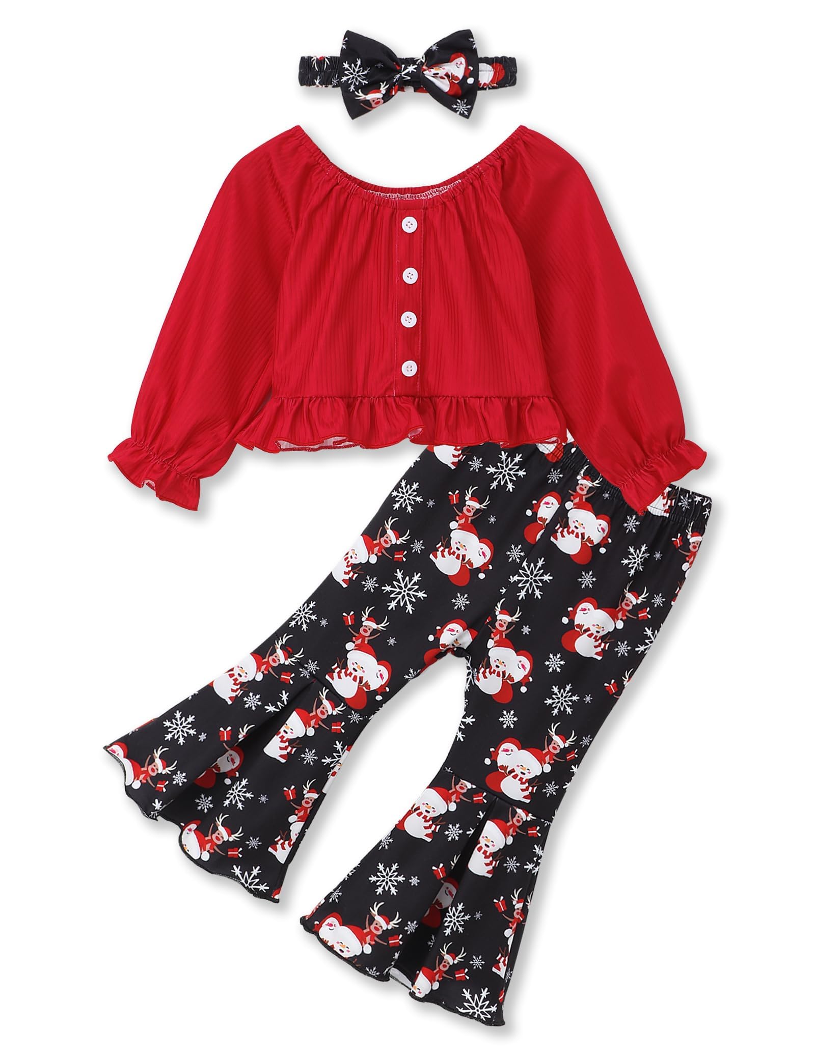 Perdeca Toddler Girl Christmas Outfits Long Sleeve Ruffle Top Santa Print Baby Girl Bell-Bottom Pants Christmas Outfit Girl