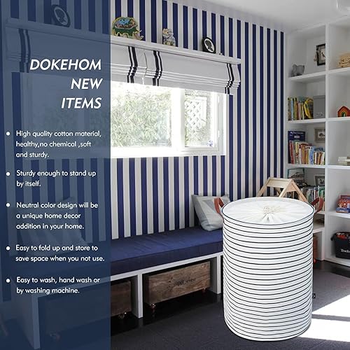 Miniatura 2 de Dokehom - Cesta independiente de almacenamiento de 20 pulgadas para ropa sucia con tapa plegable grande con cordón ajustable y asas rayas azules L